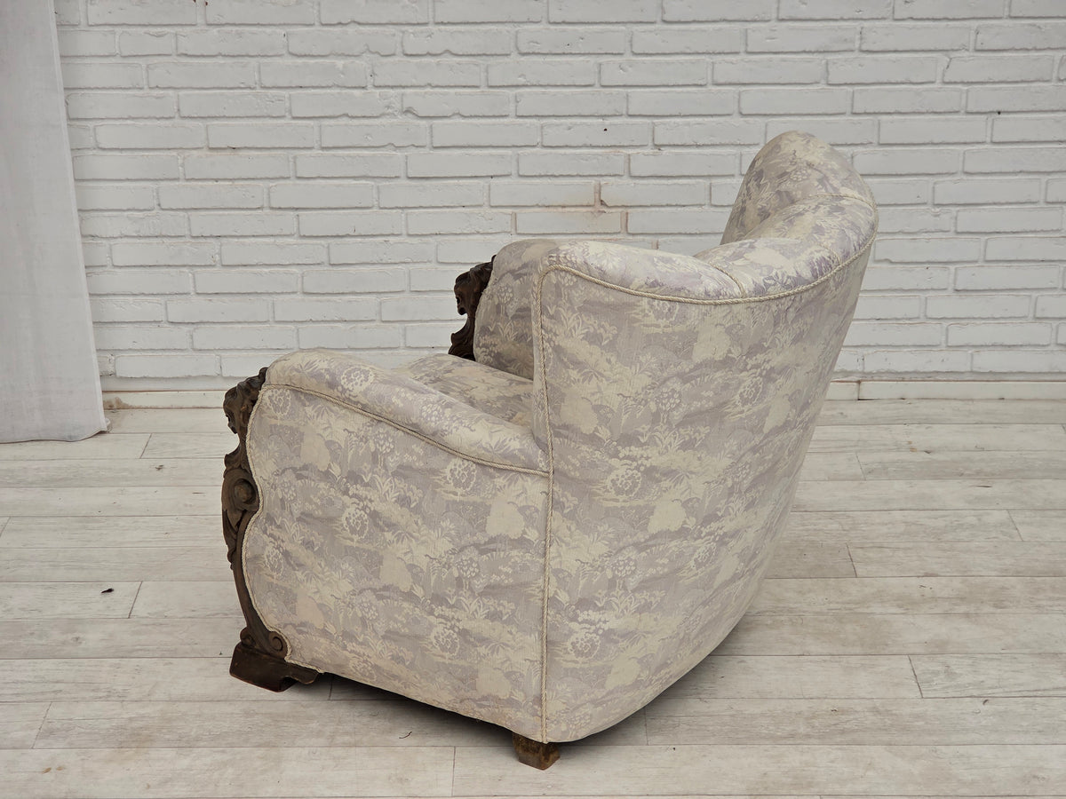 1960s, Danish armchair, furniture jacquard fabric, hand carved ash wood.