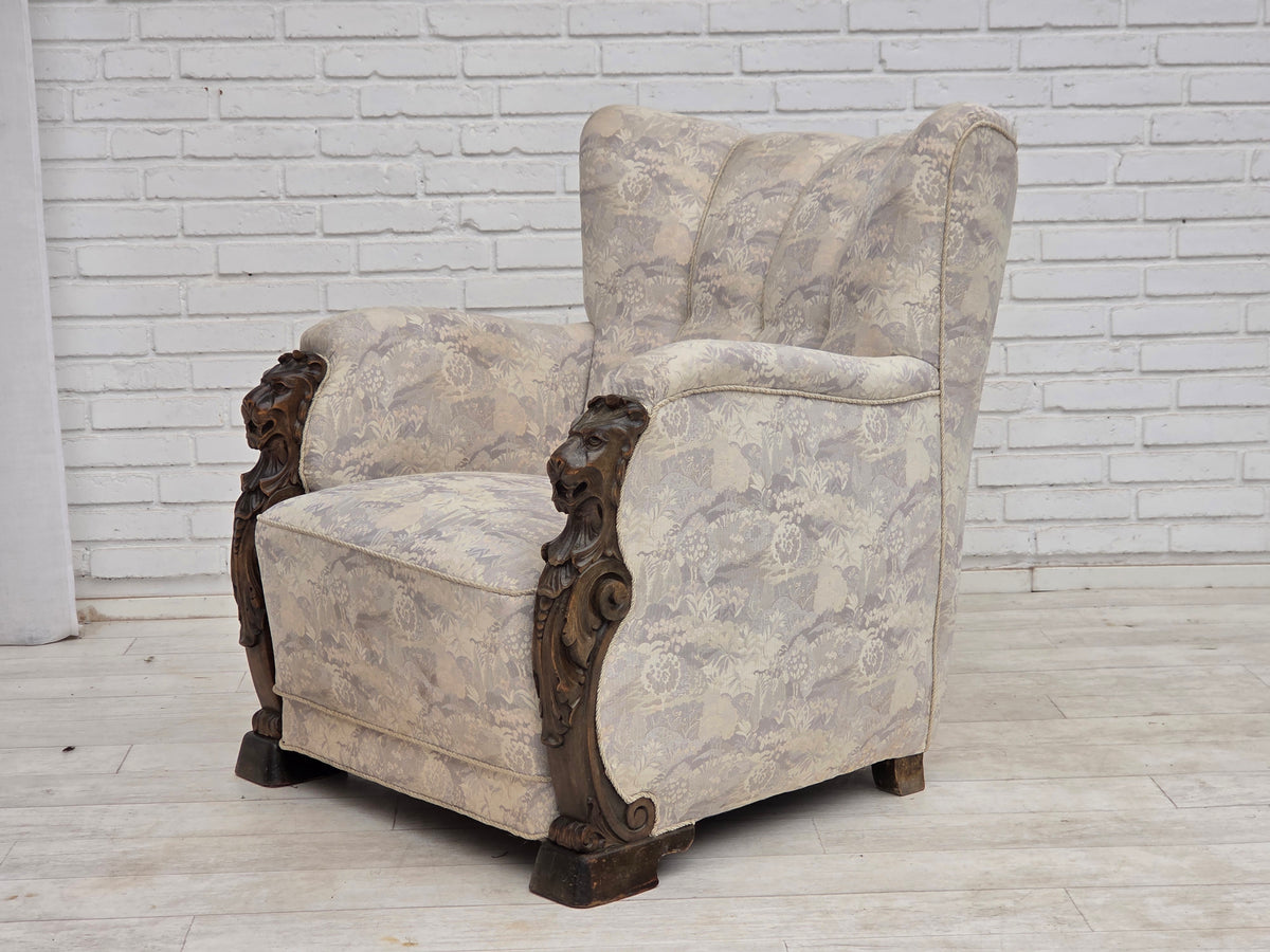 1960s, Danish armchair, furniture jacquard fabric, hand carved ash wood.