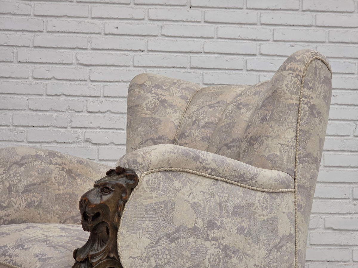 1960s, Danish armchair, furniture jacquard fabric, hand carved ash wood.