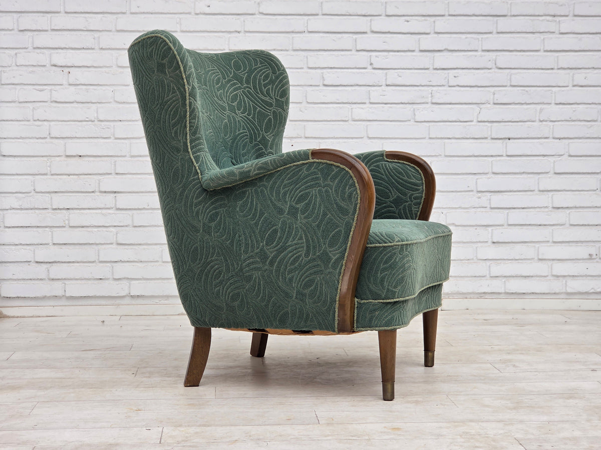 1960s, Danish armchair, green furniture velour, beech wood.