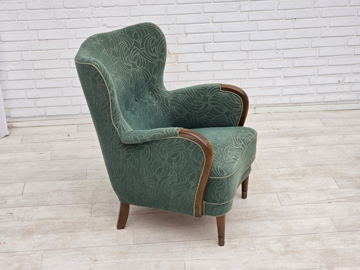 1960s, Danish armchair, green furniture velour, beech wood.