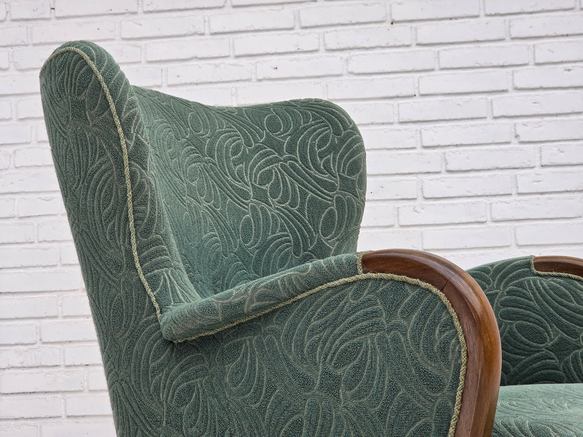 1960s, Danish armchair, green furniture velour, beech wood.