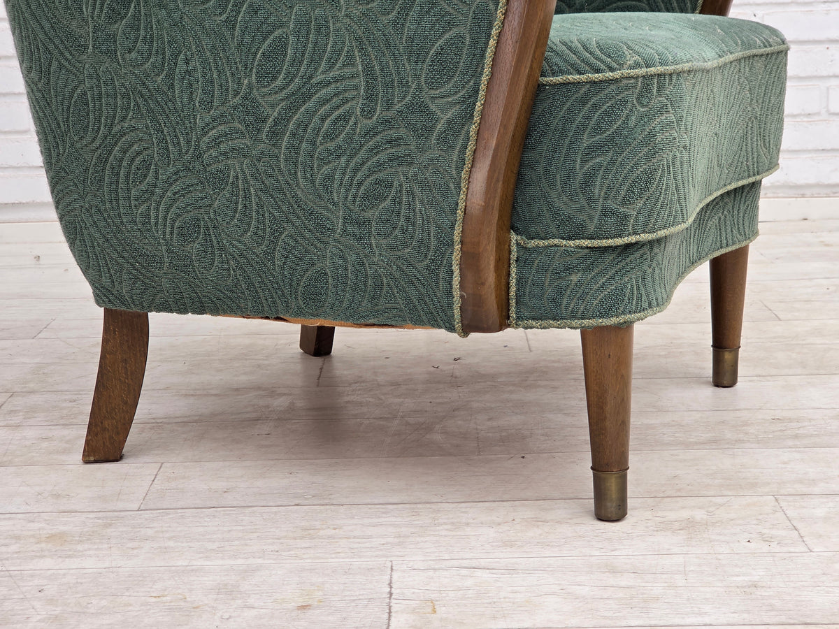 1960s, Danish armchair, green furniture velour, beech wood.