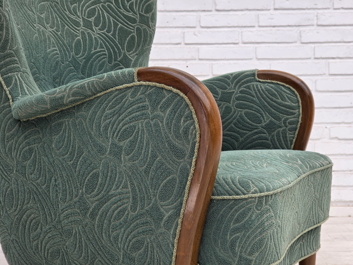 1960s, Danish armchair, green furniture velour, beech wood.