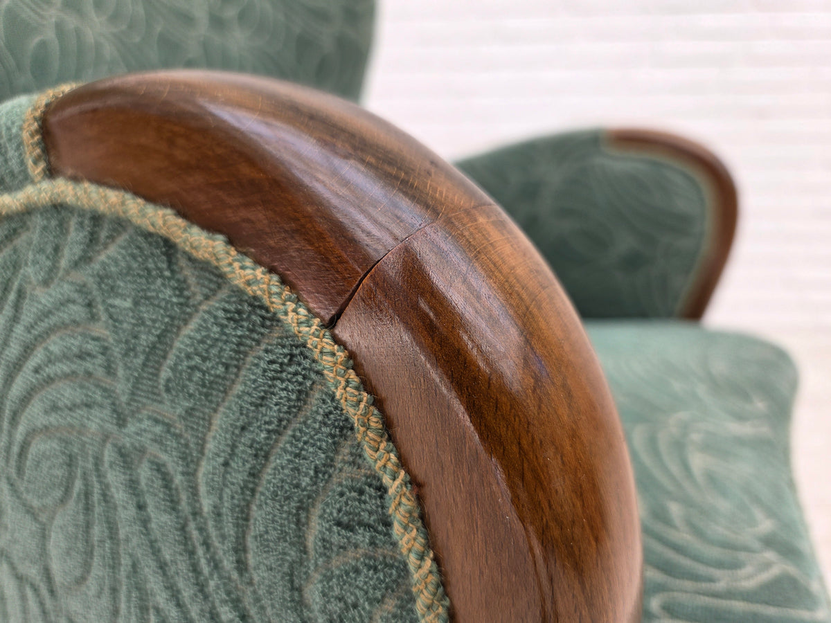 1960s, Danish armchair, green furniture velour, beech wood.