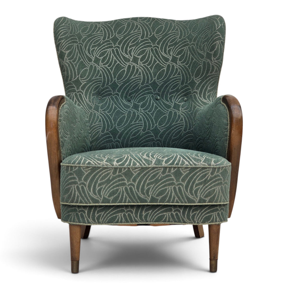 1960s, Danish armchair, green furniture velour, beech wood.