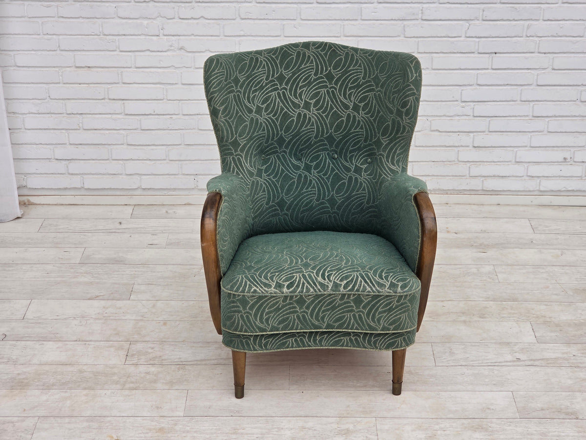 1960s, Danish armchair, green furniture velour, beech wood.