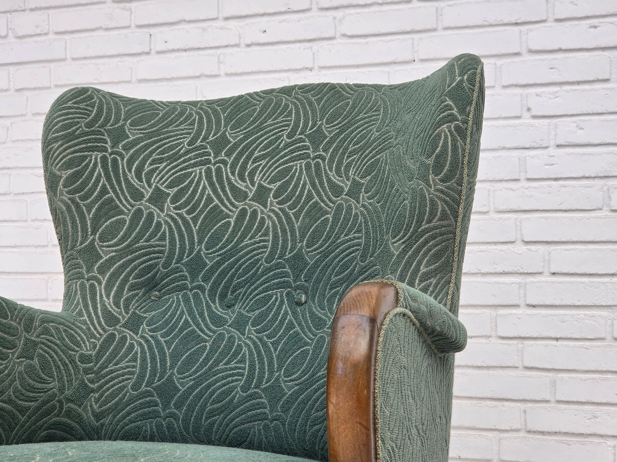 1960s, Danish armchair, green furniture velour, beech wood.