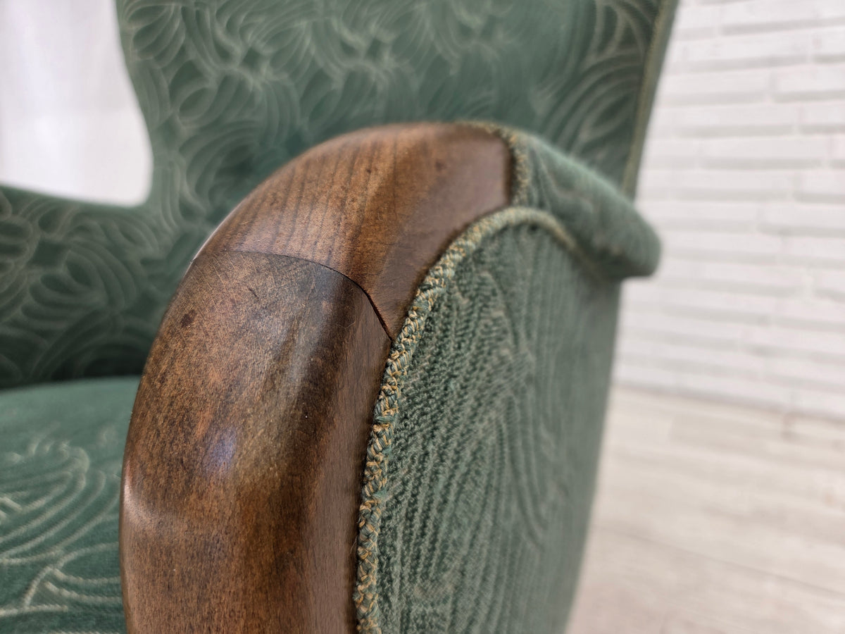 1960s, Danish armchair, green furniture velour, beech wood.