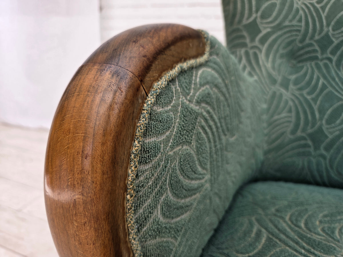 1960s, Danish armchair, green furniture velour, beech wood.