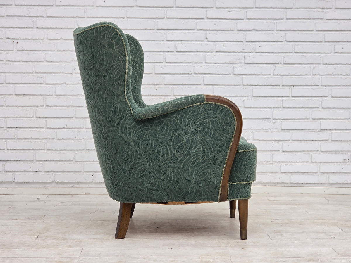 1960s, Danish armchair, green furniture velour, beech wood.
