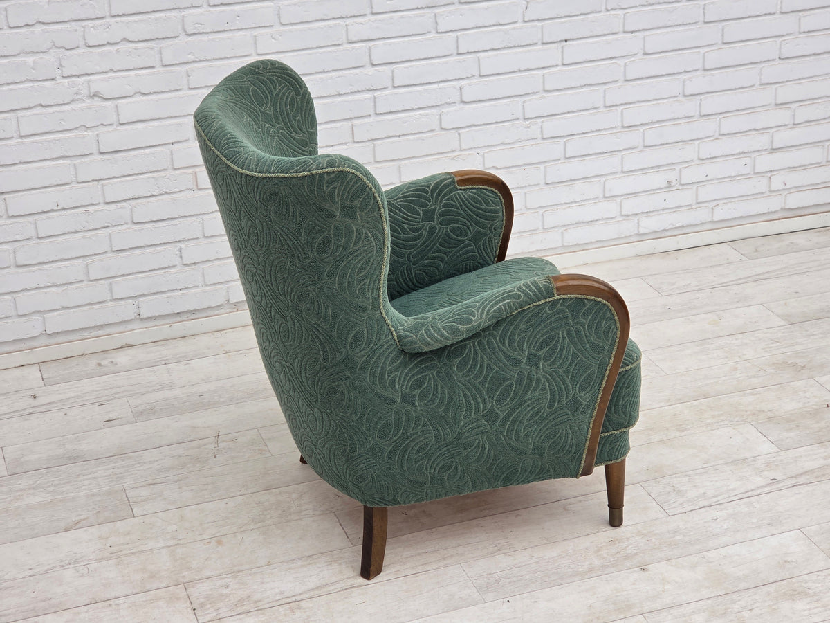 1960s, Danish armchair, green furniture velour, beech wood.