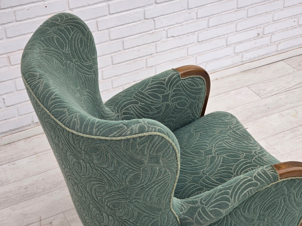 1960s, Danish armchair, green furniture velour, beech wood.
