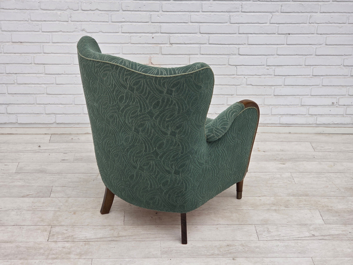 1960s, Danish armchair, green furniture velour, beech wood.