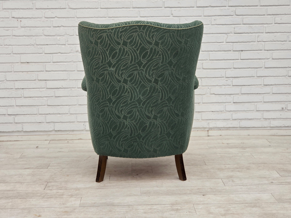 1960s, Danish armchair, green furniture velour, beech wood.