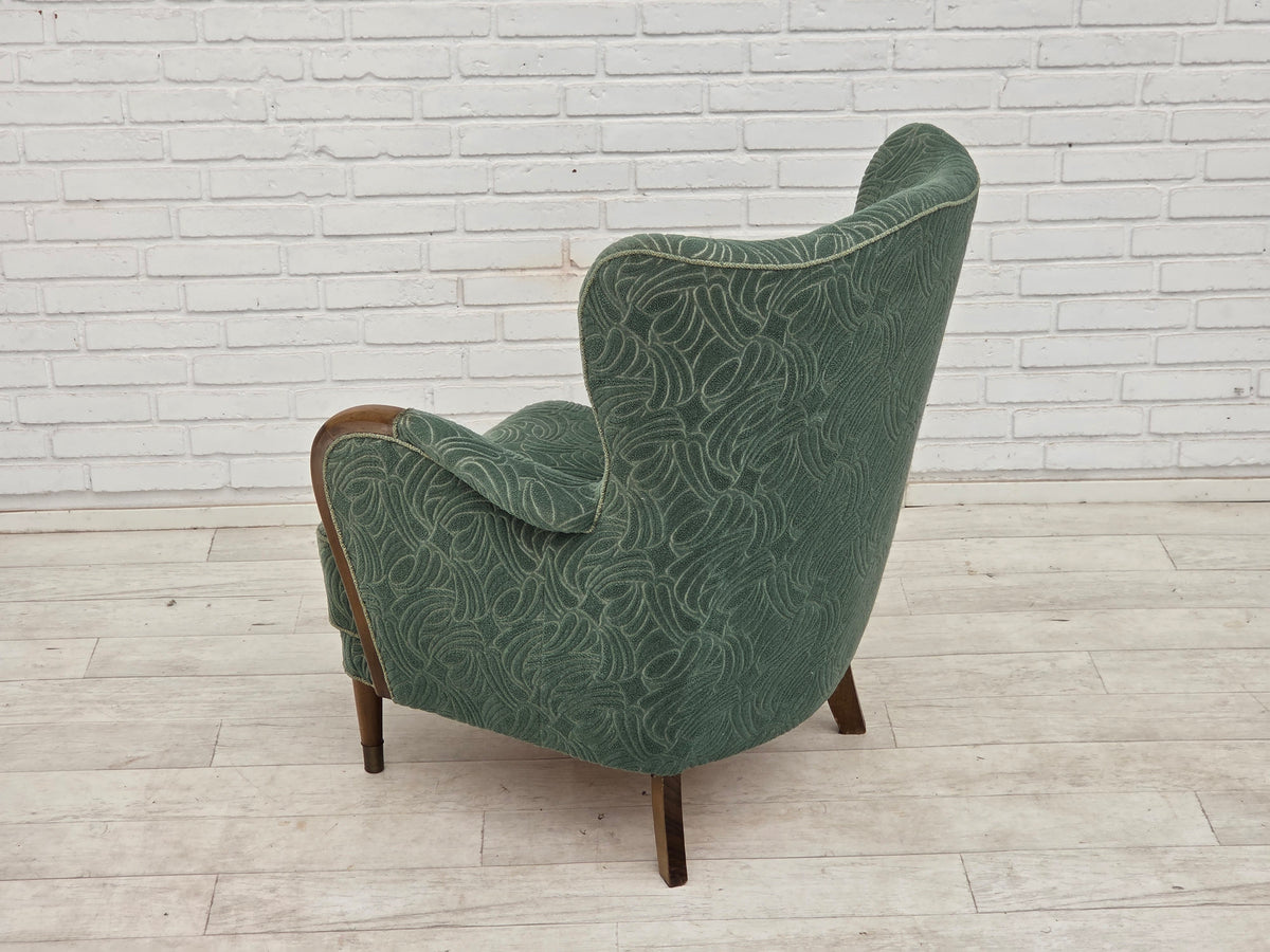 1960s, Danish armchair, green furniture velour, beech wood.
