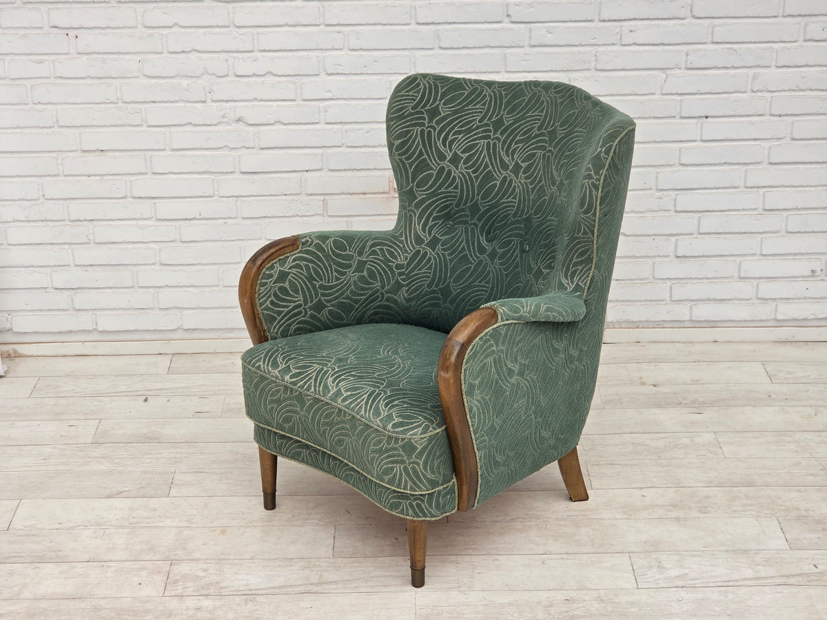 1960s, Danish armchair, green furniture velour, beech wood.