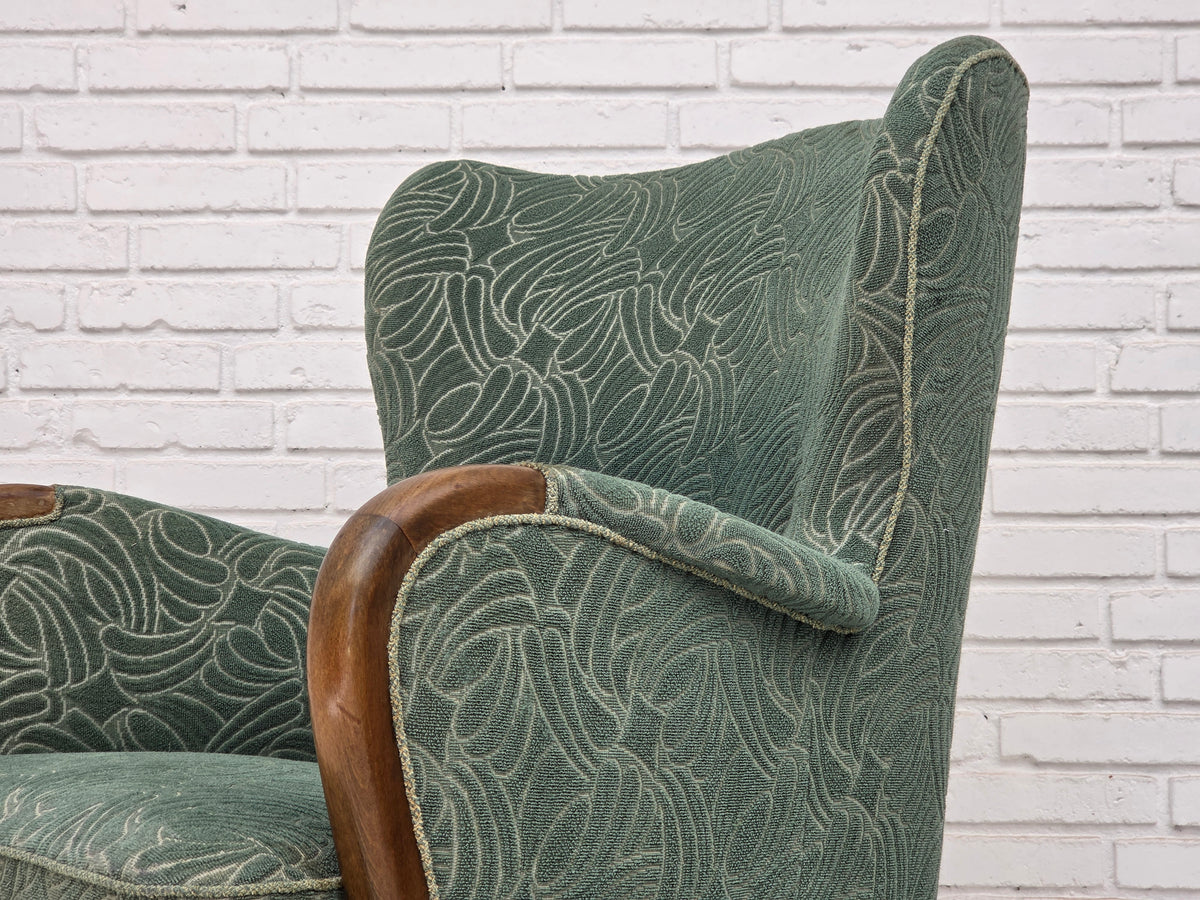 1960s, Danish armchair, green furniture velour, beech wood.