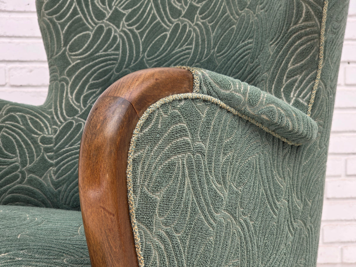 1960s, Danish armchair, green furniture velour, beech wood.