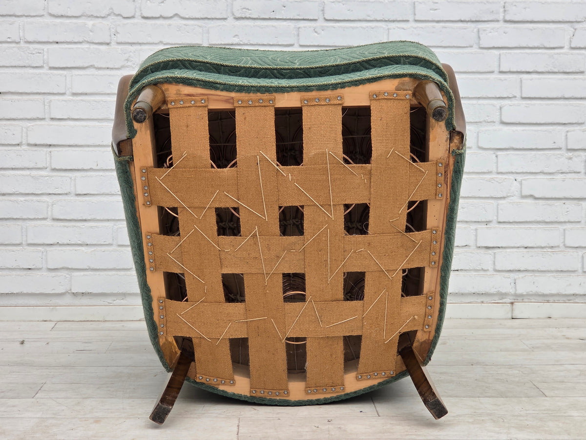 1960s, Danish armchair, green furniture velour, beech wood.