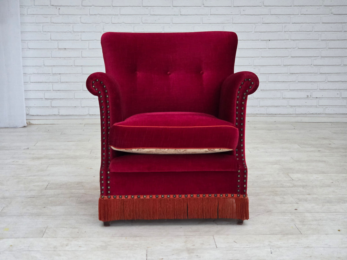 1970s, Danish armchair, furniture velour, ash wood legs.