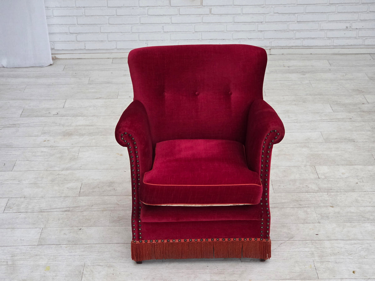 1970s, Danish armchair, furniture velour, ash wood legs.