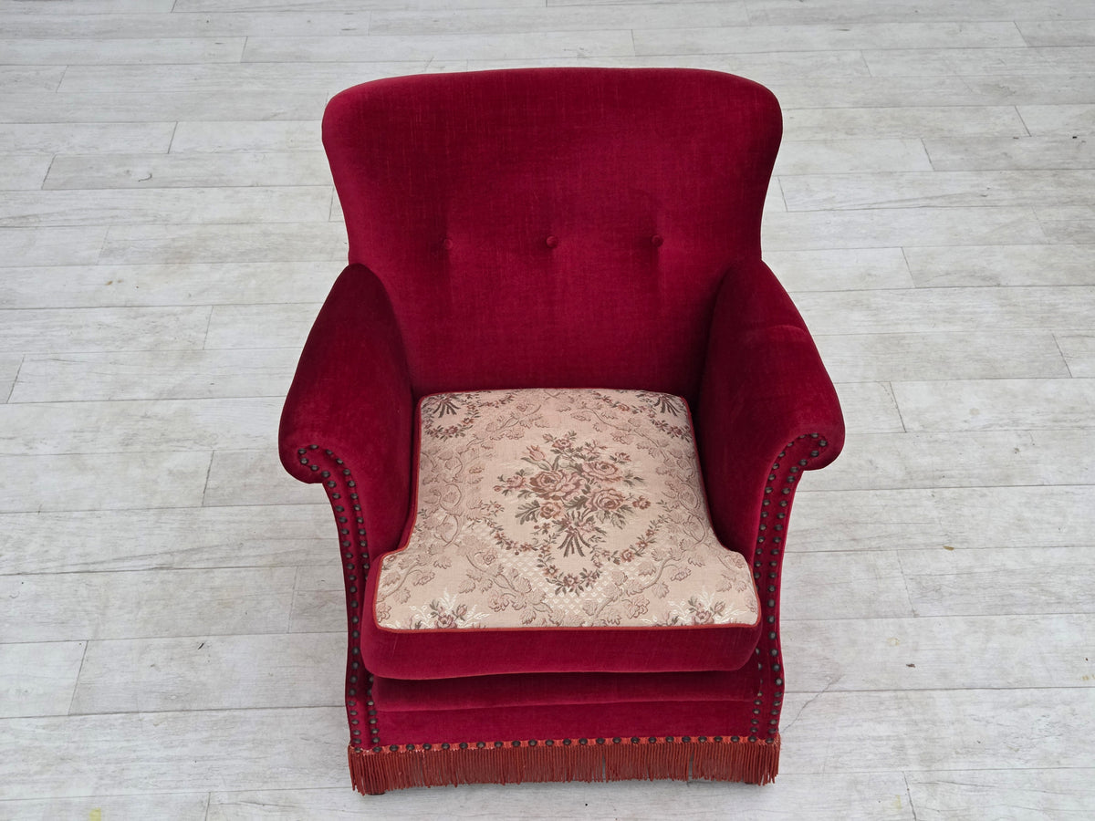 1970s, Danish armchair, furniture velour, ash wood legs.