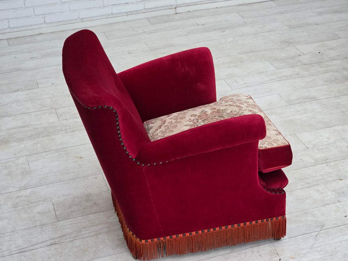 1970s, Danish armchair, furniture velour, ash wood legs.