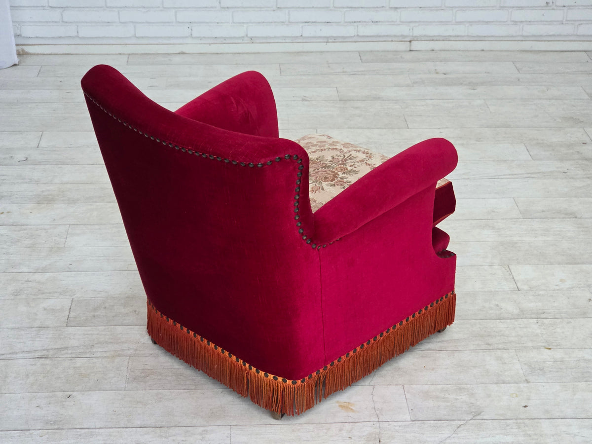 1970s, Danish armchair, furniture velour, ash wood legs.