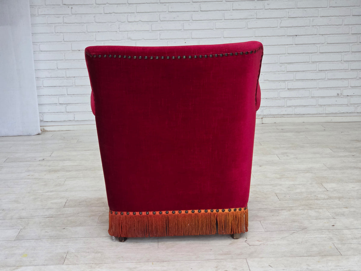 1970s, Danish armchair, furniture velour, ash wood legs.