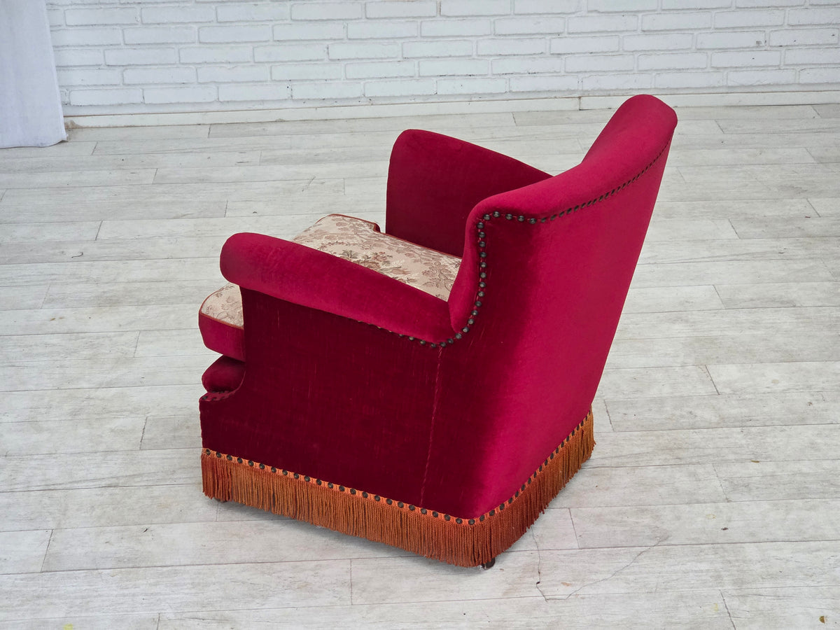 1970s, Danish armchair, furniture velour, ash wood legs.