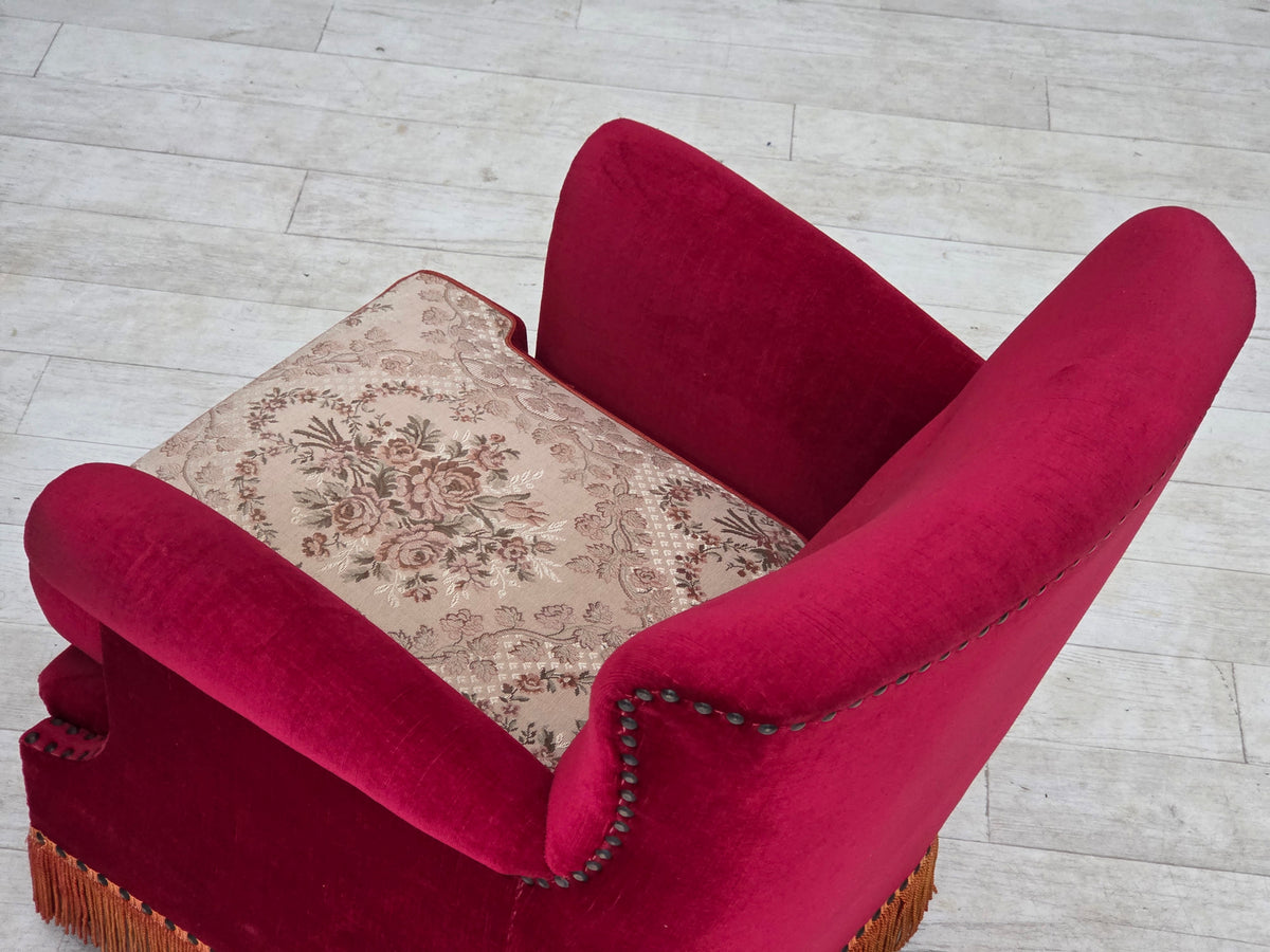 1970s, Danish armchair, furniture velour, ash wood legs.