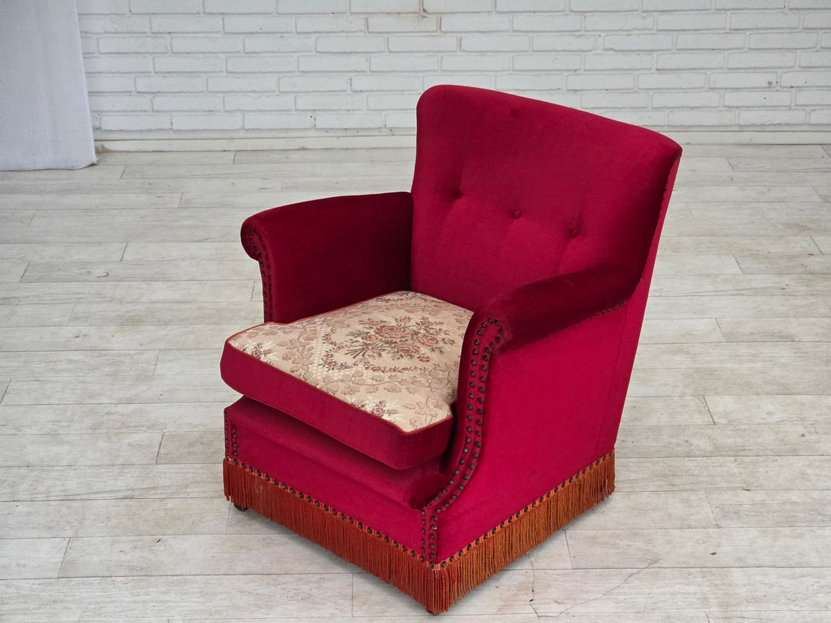 1970s, Danish armchair, furniture velour, ash wood legs.