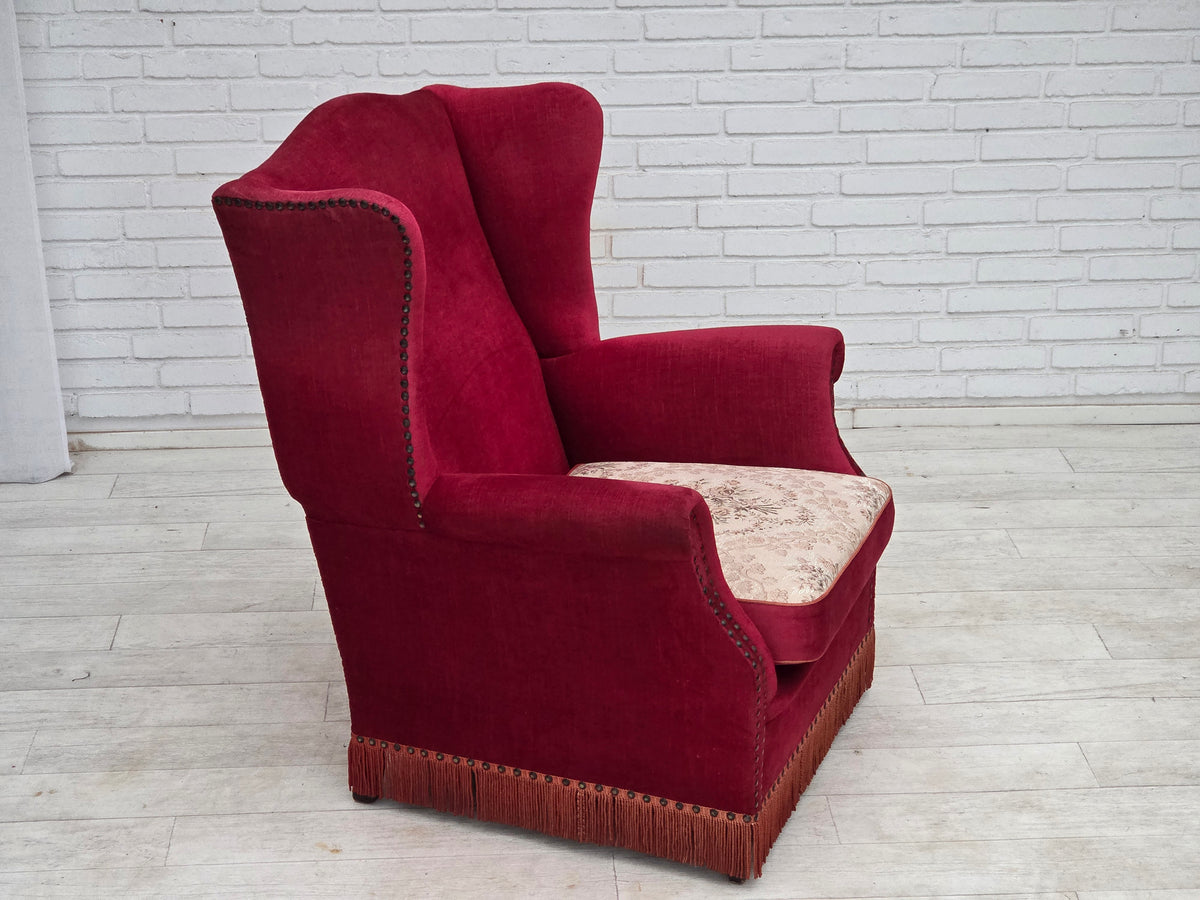 1970s, Danish highback armchair, furniture velour, ash wood legs.