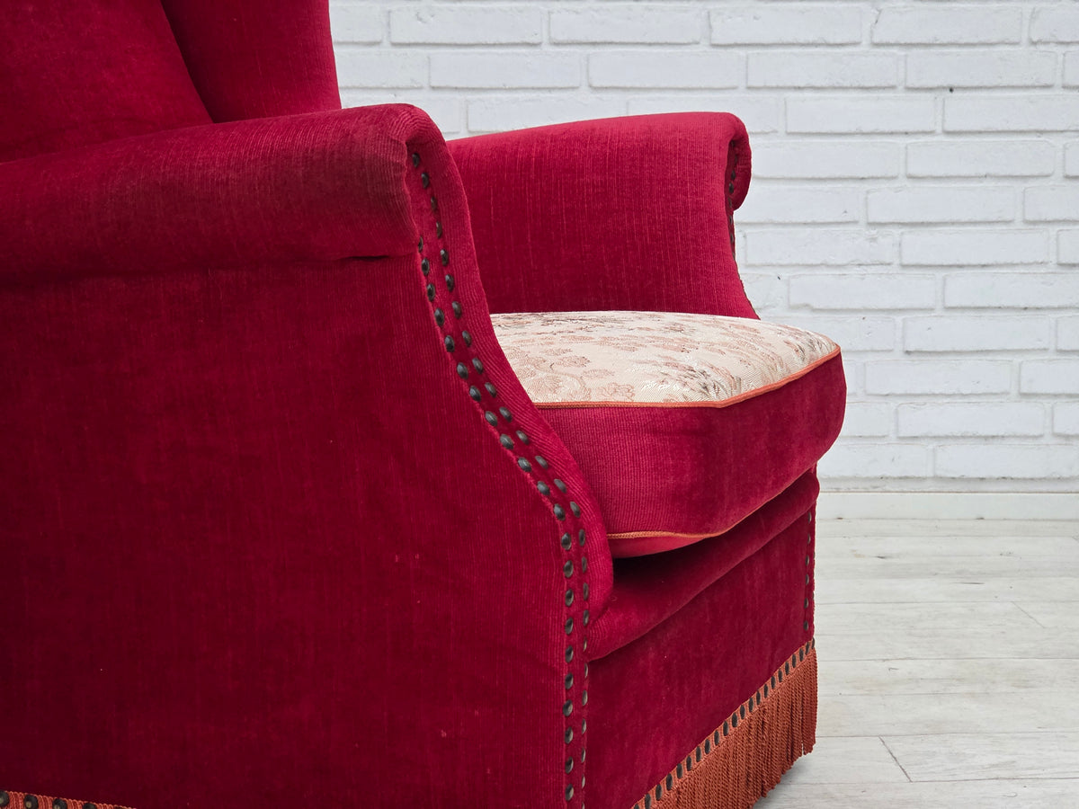 1970s, Danish highback armchair, furniture velour, ash wood legs.