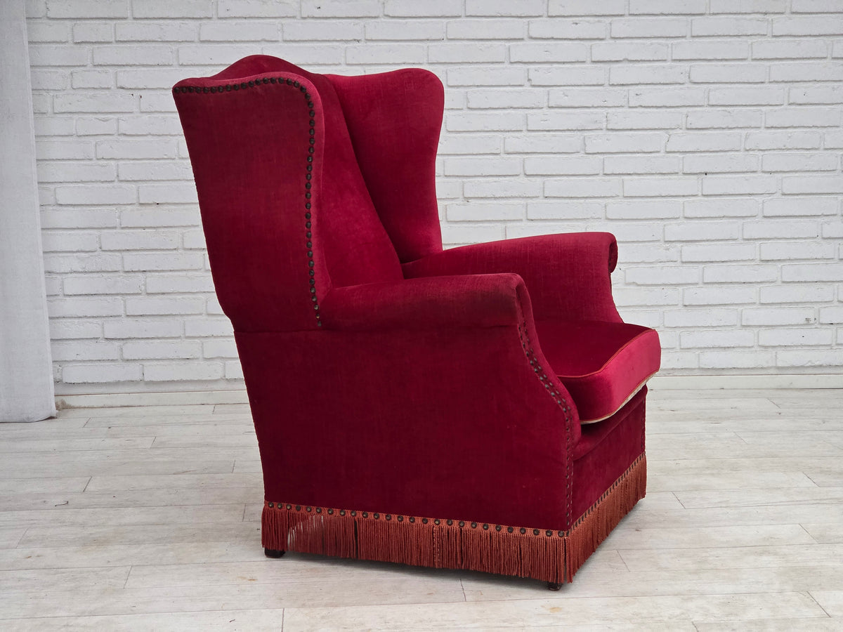 1970s, Danish highback armchair, furniture velour, ash wood legs.