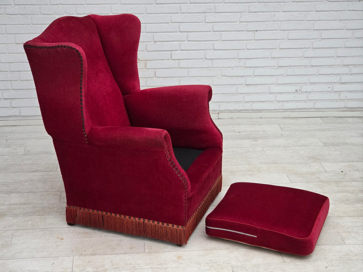 1970s, Danish highback armchair, furniture velour, ash wood legs.