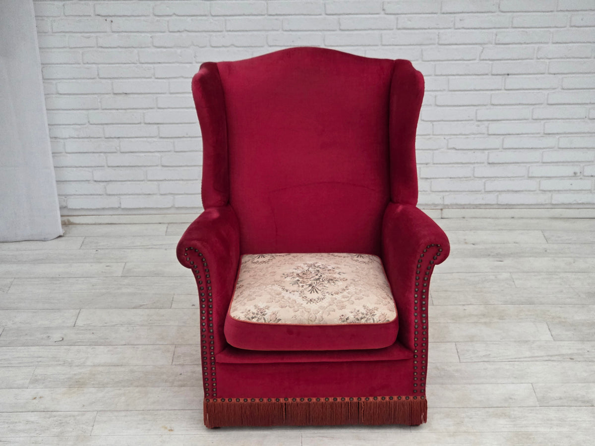 1970s, Danish highback armchair, furniture velour, ash wood legs.