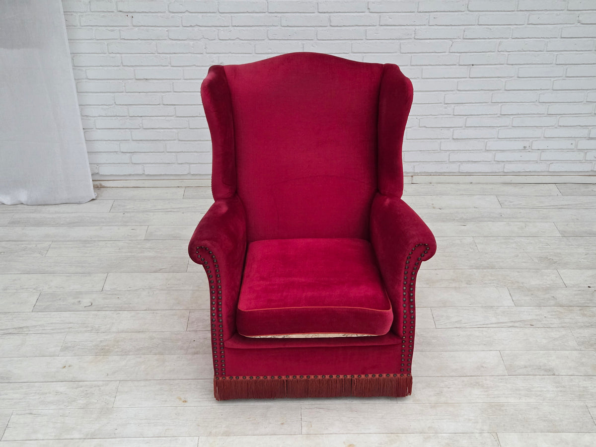 1970s, Danish highback armchair, furniture velour, ash wood legs.