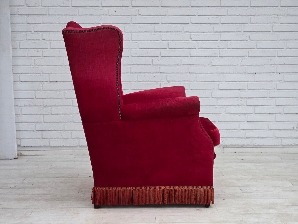 1970s, Danish highback armchair, furniture velour, ash wood legs.