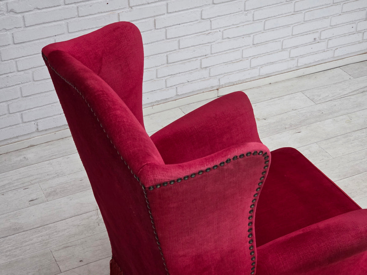 1970s, Danish highback armchair, furniture velour, ash wood legs.