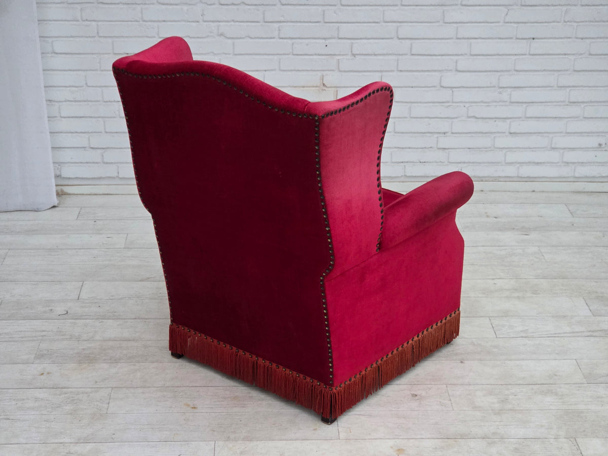 1970s, Danish highback armchair, furniture velour, ash wood legs.