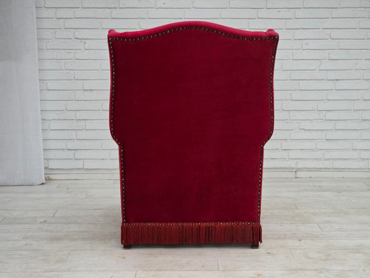 1970s, Danish highback armchair, furniture velour, ash wood legs.