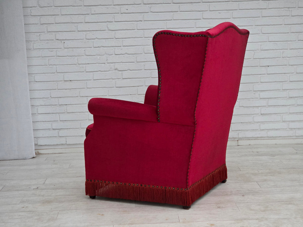 1970s, Danish highback armchair, furniture velour, ash wood legs.