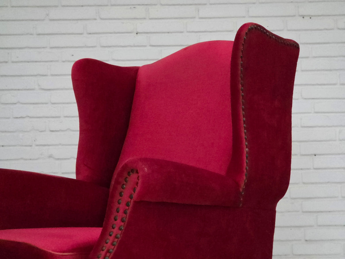 1970s, Danish highback armchair, furniture velour, ash wood legs.