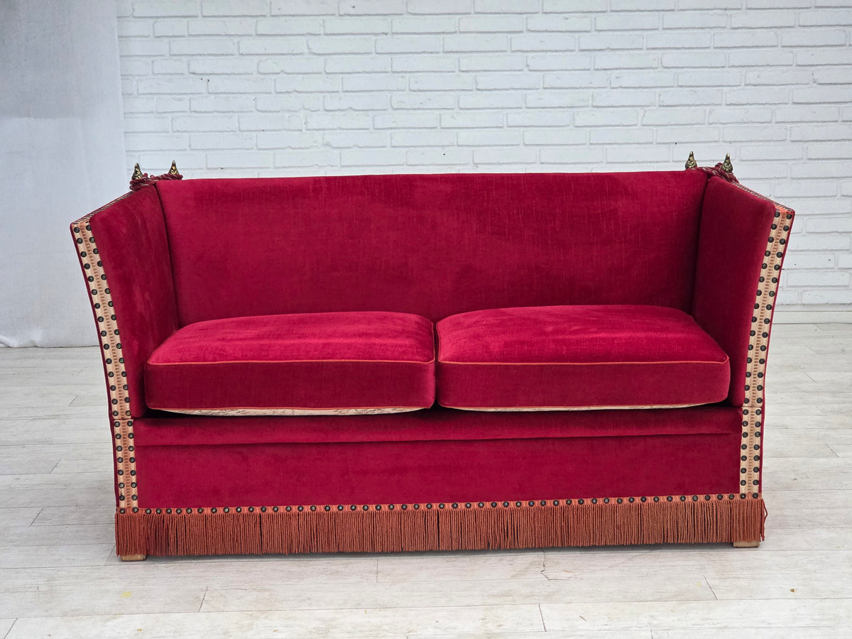 1970s, Danish 2-seater "Spanish" drop arm sofa, furniture velour.