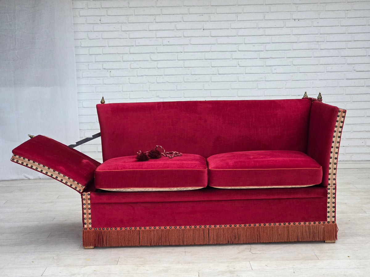 1970s, Danish 2-seater "Spanish" drop arm sofa, furniture velour.