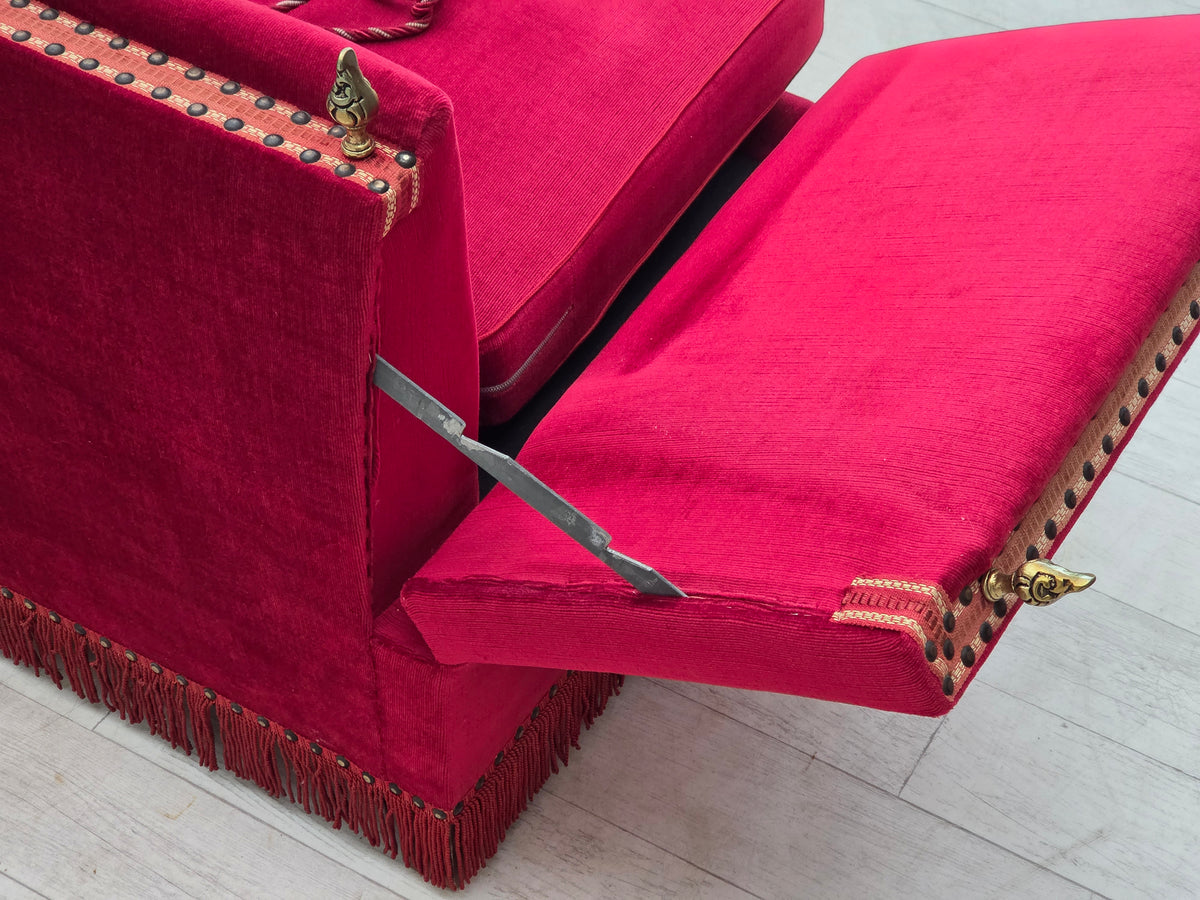 1970s, Danish 2-seater "Spanish" drop arm sofa, furniture velour.