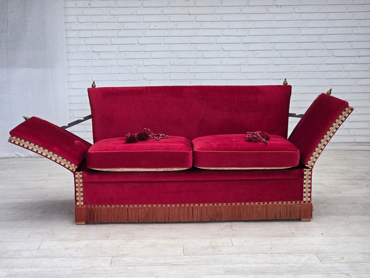 1970s, Danish 2-seater "Spanish" drop arm sofa, furniture velour.