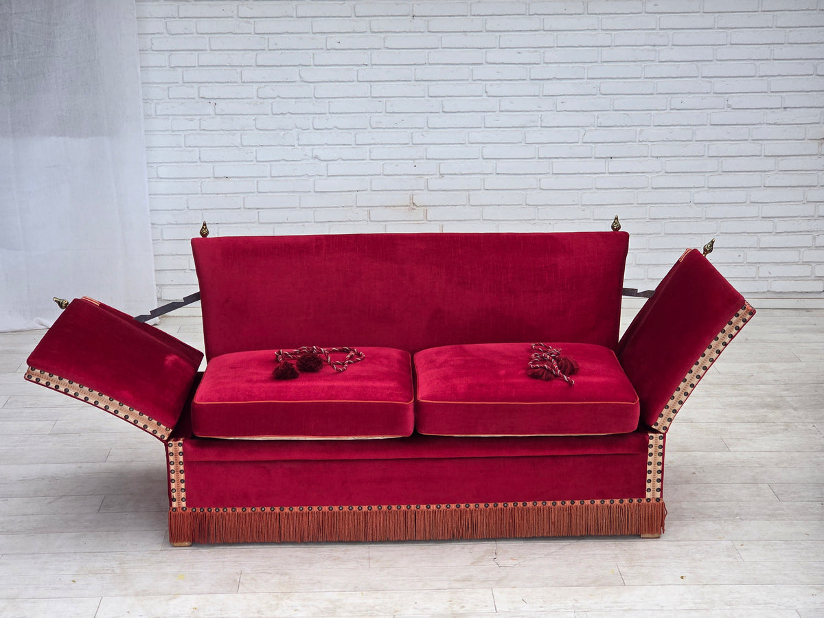 1970s, Danish 2-seater "Spanish" drop arm sofa, furniture velour.